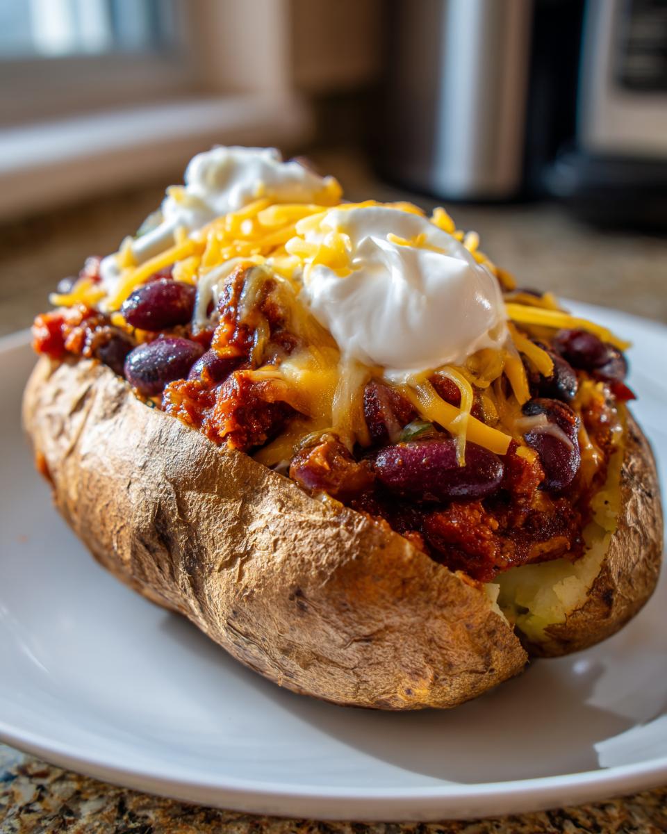 A baked potato overflowing with Loaded Potatoes With Spicy Beans, shredded cheddar, and sour cream.