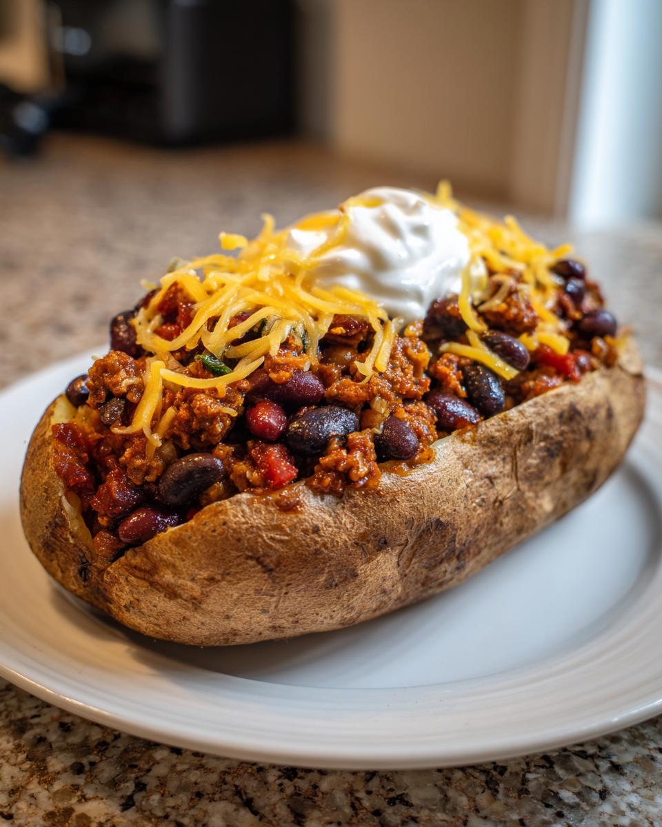 A baked potato stuffed generously with spicy bean chili, topped with shredded cheddar cheese and sour cream, ready to eat.