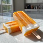 Two vibrant Mango Coconut Popsicles, showing orange mango layers and white coconut layers, resting on a bright marble countertop.