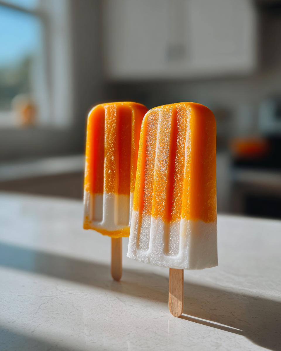 Two bright, layered Mango Coconut Popsicles with orange mango on top and white coconut on the bottom, standing on a light surface.