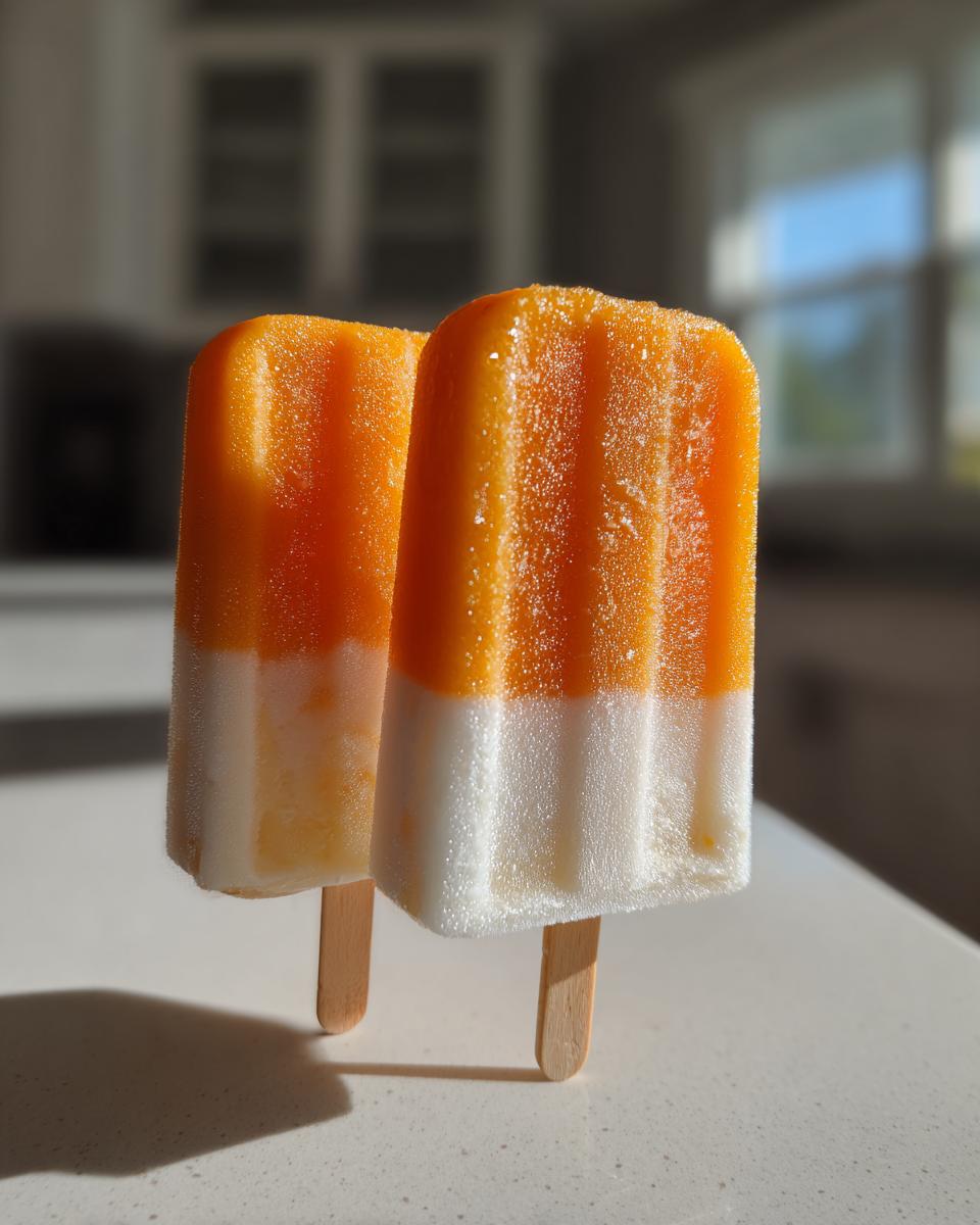 Two vibrant Mango Coconut Popsicles, layered orange and white, standing upright on a counter in bright sunlight.
