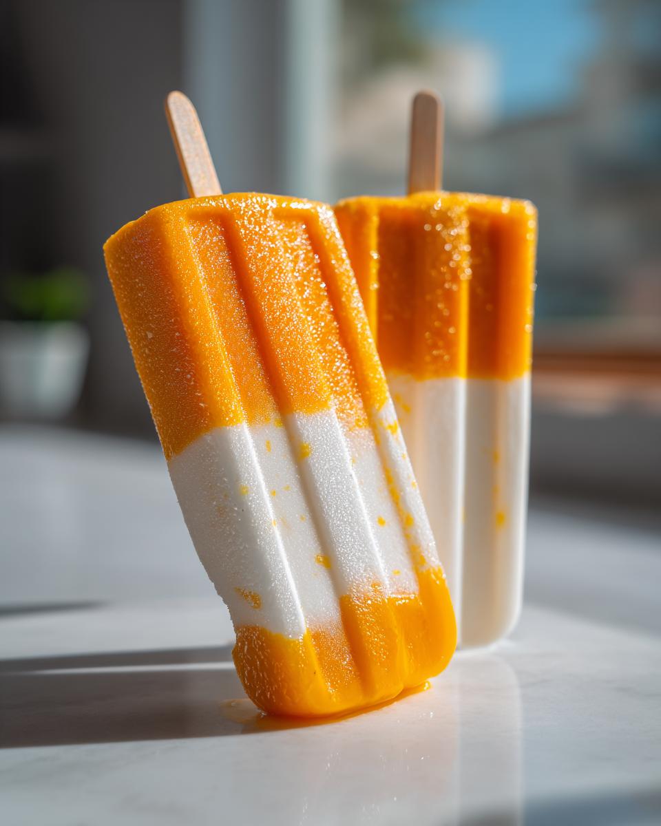 Two vibrant, two-layered Mango Coconut Popsicles, featuring bright orange mango on top and creamy white coconut below, glistening in the light.