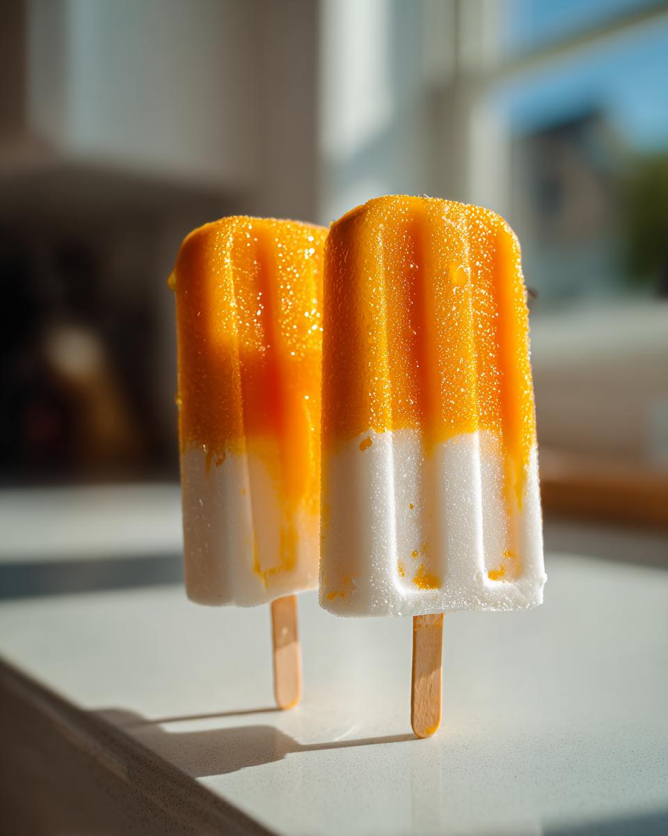 Two vibrant Mango Coconut Popsicles with orange mango tops and white coconut bottoms, glistening in the sunlight.