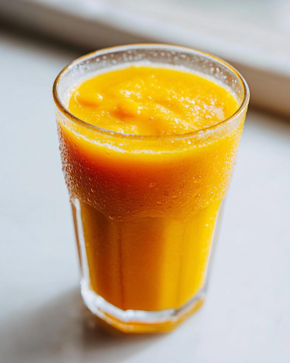 Close-up of a tall, chilled glass filled with a vibrant orange Mango Papaya Smoothie, showing condensation droplets.