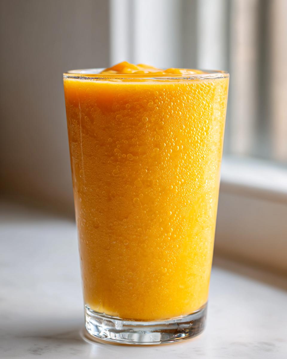 Close-up of a vibrant, thick Mango Papaya Smoothie in a tall glass, showing condensation droplets.