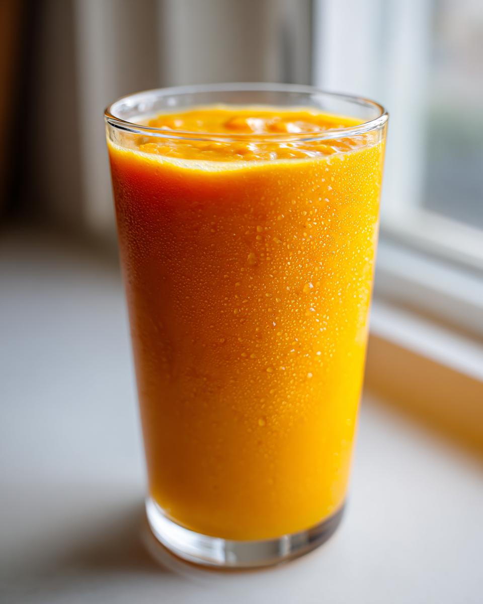 A tall glass filled with a vibrant, thick Mango Papaya Smoothie, showing condensation droplets on the outside.