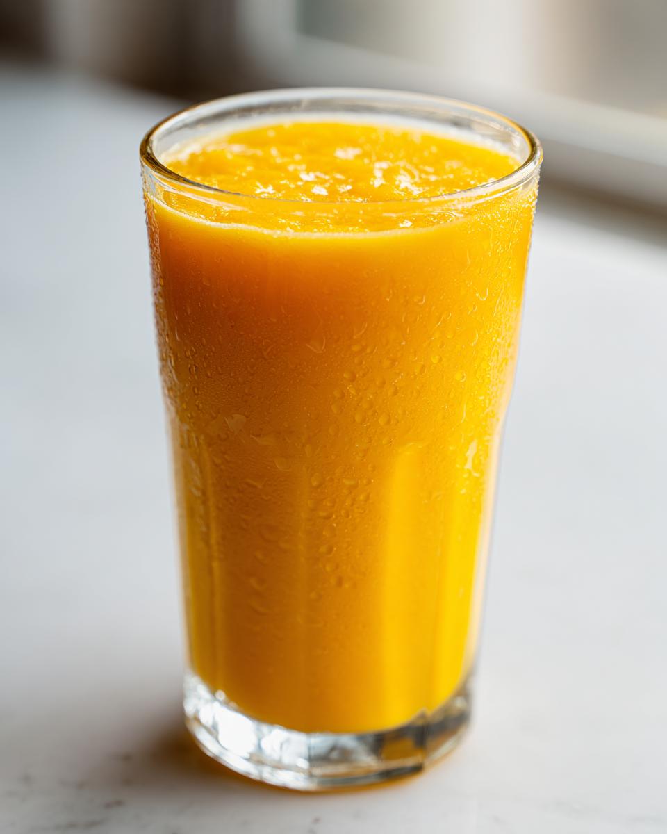A tall glass filled with a vibrant, cold Mango Papaya Smoothie, showing condensation droplets on the exterior.