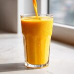 A stream of bright orange Mango Papaya Smoothie is being poured into a tall, condensation-covered glass.