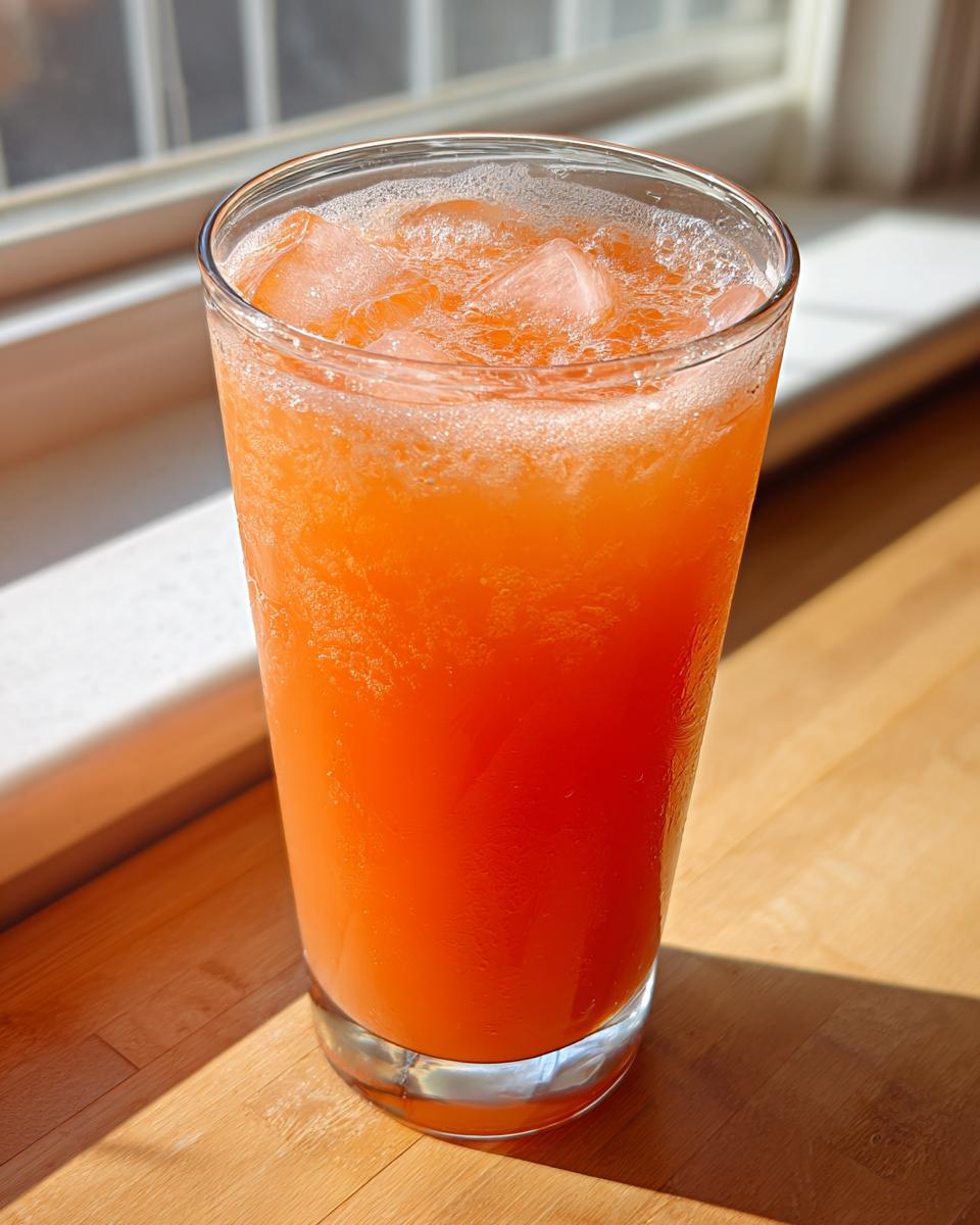 A tall glass filled with bright orange Mango Strawberry Lemonade and ice cubes, sitting on a sunlit wooden surface.