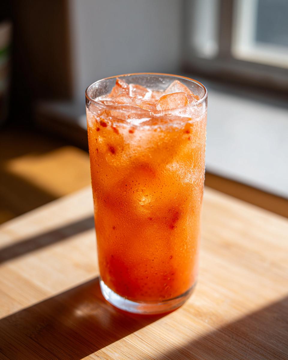 A tall, sweating glass filled with bright orange Mango Strawberry Lemonade and ice cubes, sitting on a wooden surface.