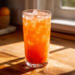 A tall glass filled with icy, vibrant orange Mango Strawberry Lemonade sitting on a sunlit wooden surface.