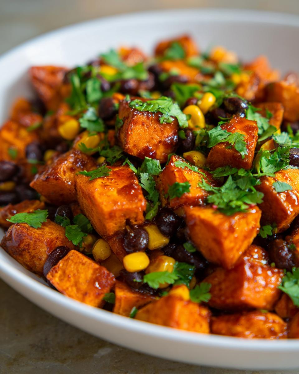 Close-up of a Maple Chili Sweet Potato Bowl featuring glazed sweet potato cubes, black beans, corn, and fresh cilantro.