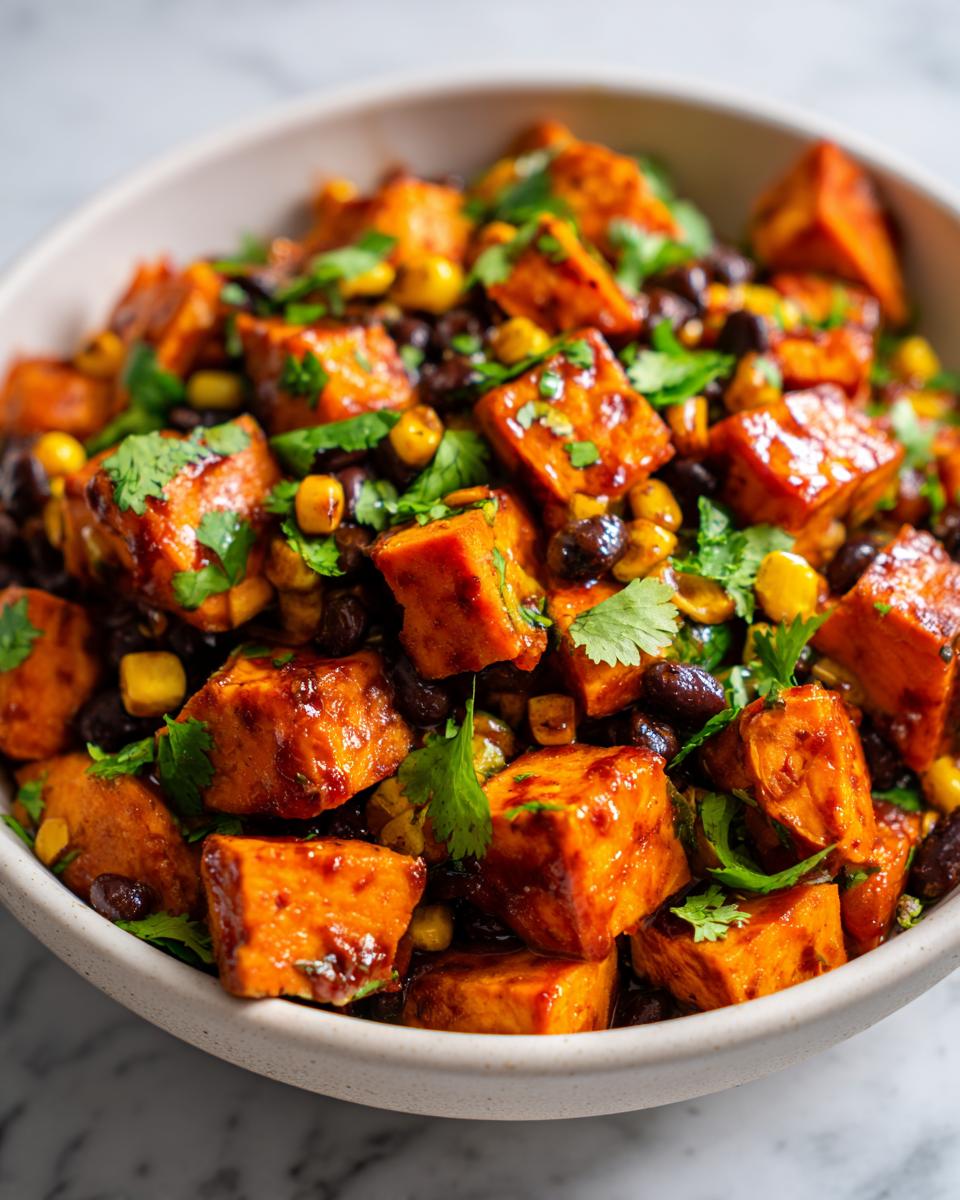Close-up of a Maple Chili Sweet Potato Bowl featuring glazed sweet potato cubes, black beans, corn, and fresh cilantro.