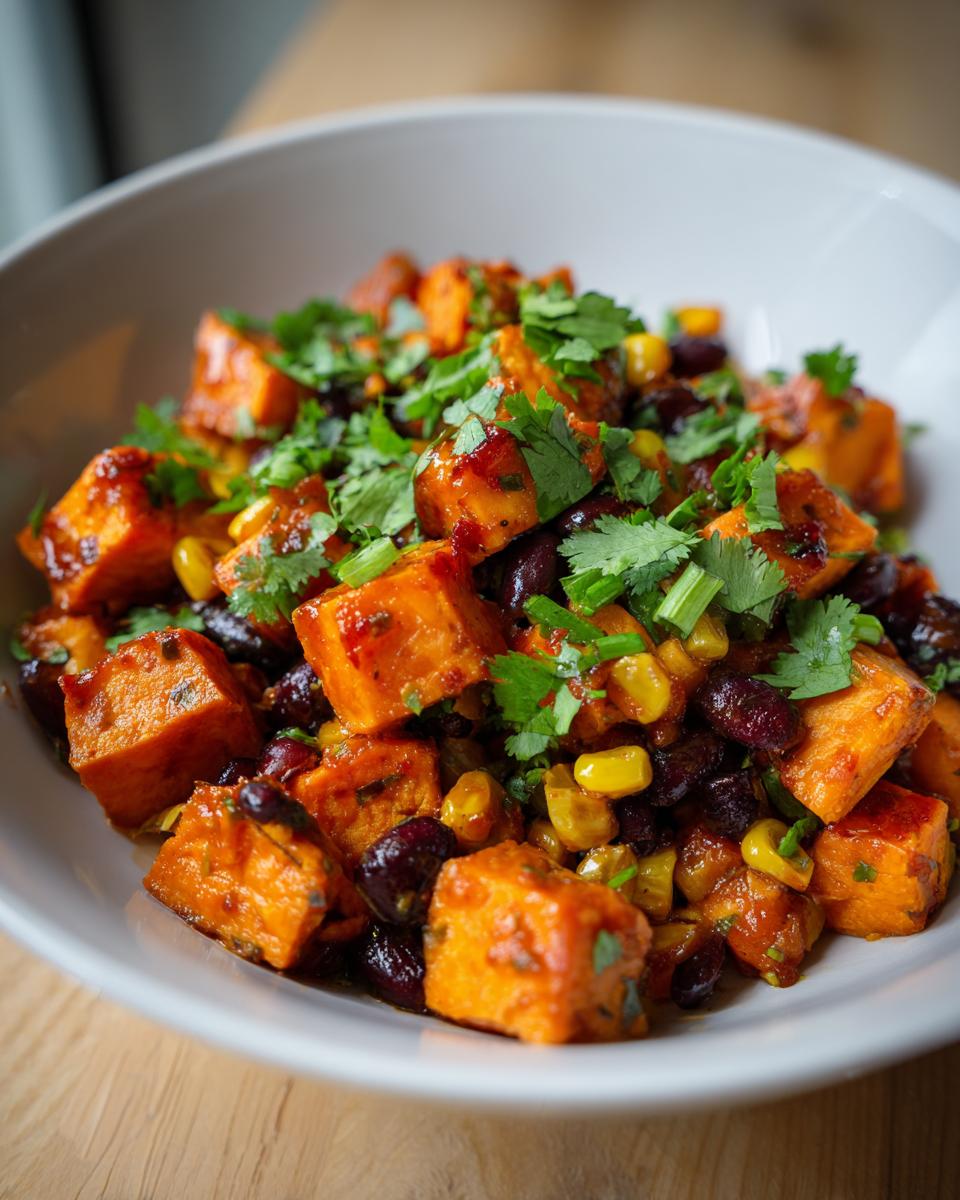 Close-up of a Maple Chili Sweet Potato Bowl featuring glazed sweet potato cubes, black beans, corn, and fresh cilantro.