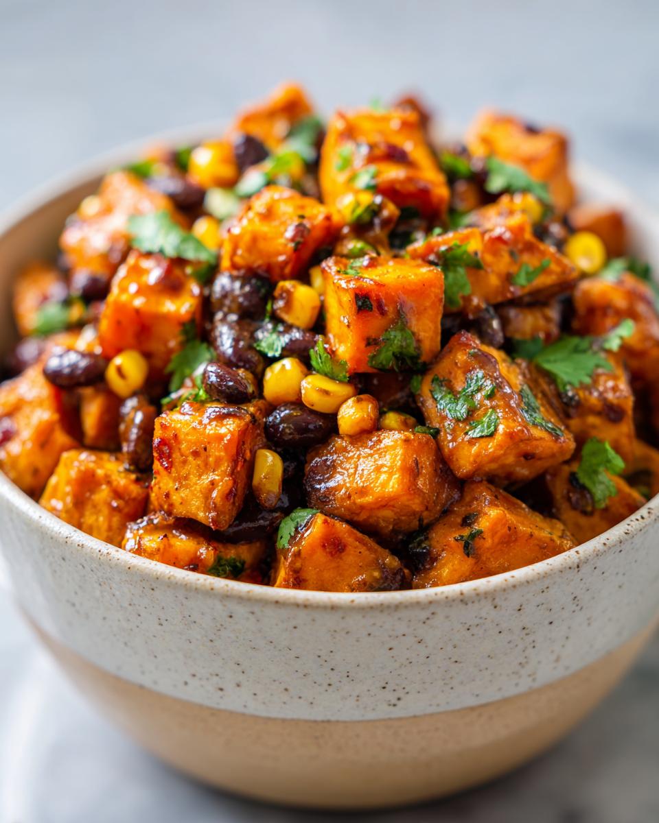 Close-up of a Maple Chili Sweet Potato Bowl featuring glazed sweet potato cubes, black beans, corn, and cilantro.