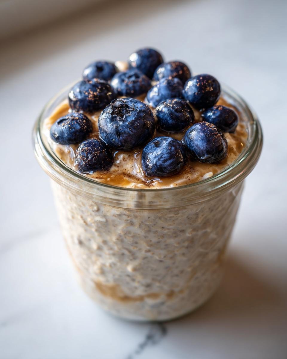 Close-up of Maple Cinnamon Overnight Oats topped with fresh blueberries and cinnamon.