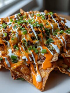 A plate piled high with Meatless Buffalo Ranch Kettle Chip Nachos, drizzled with orange sauce and ranch, topped with cheese and green onions.
