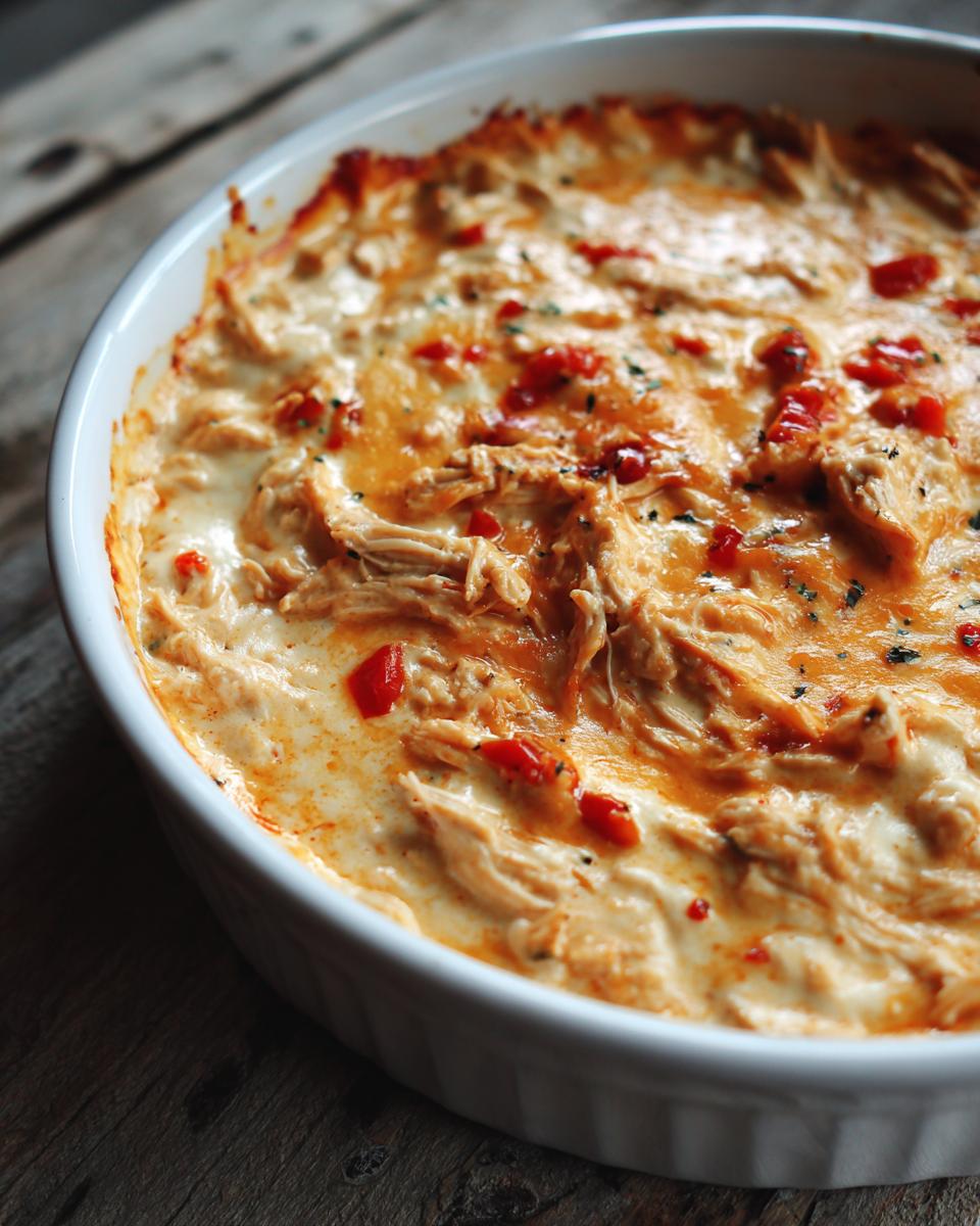 Close-up of hot, creamy Mexican Style Chicken Queso Dip with shredded chicken and melted cheese in a white baking dish.