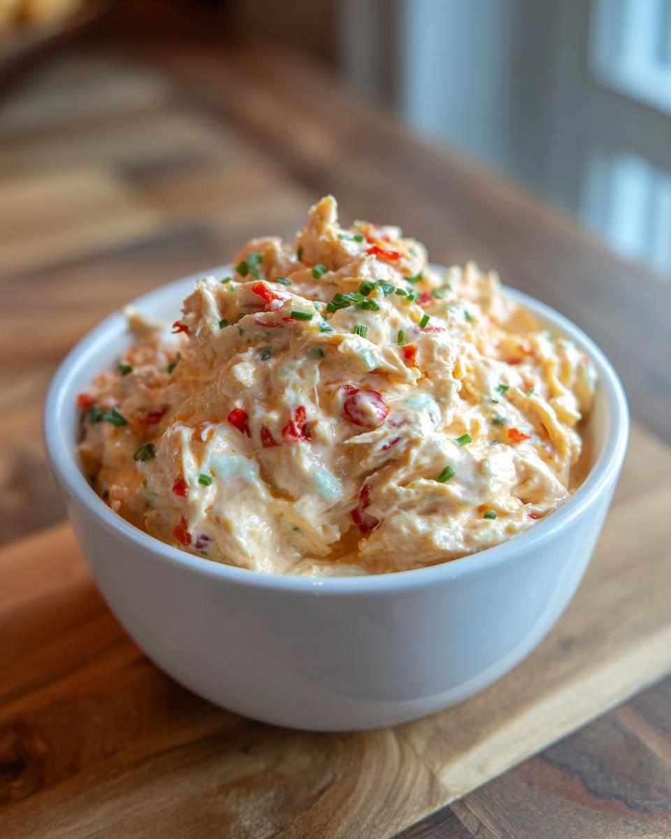 A close-up of creamy Mexican Style Chicken Queso Dip topped with chives and red peppers in a white bowl.