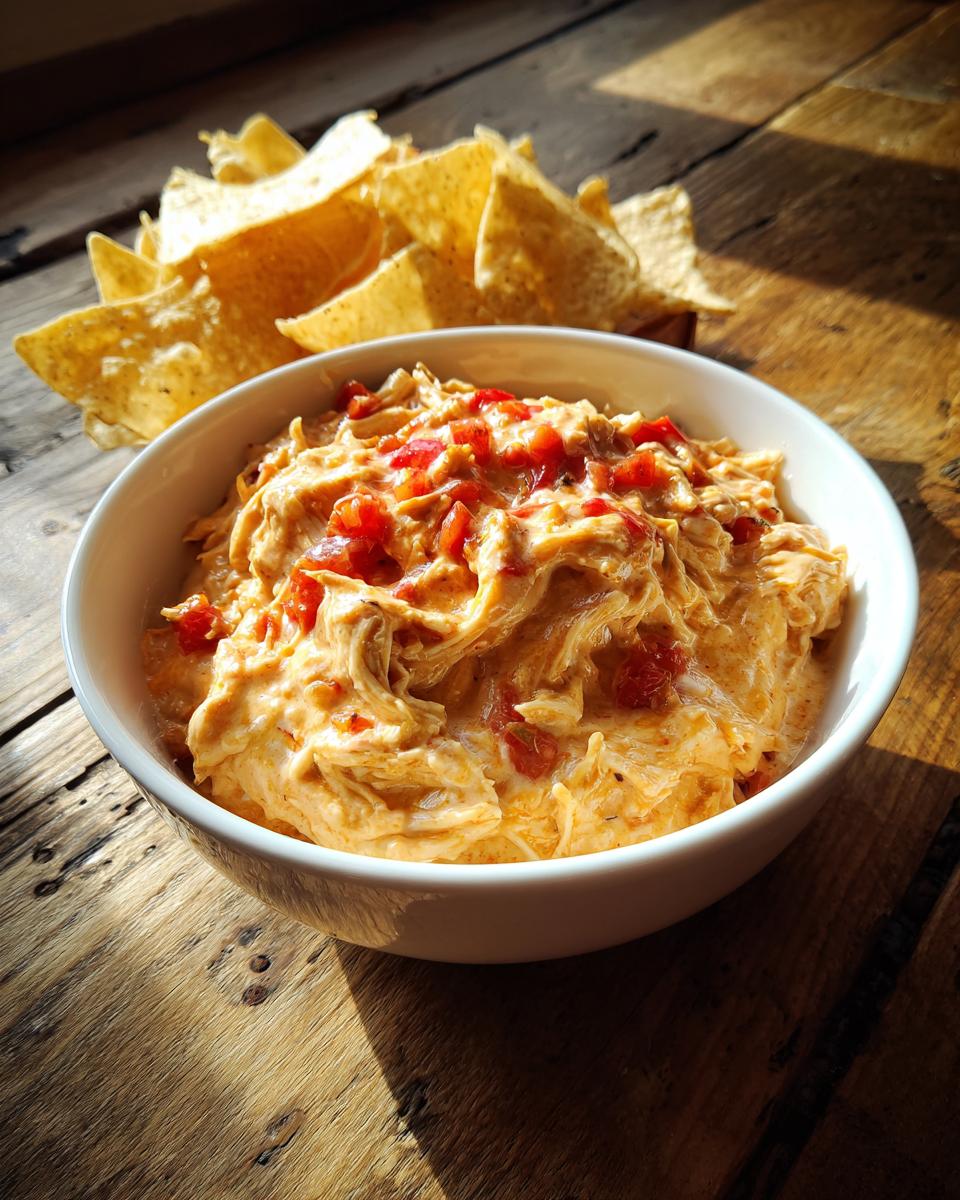 A bowl of creamy Mexican Style Chicken Queso Dip topped with tomatoes, served next to tortilla chips on a rustic wooden table.