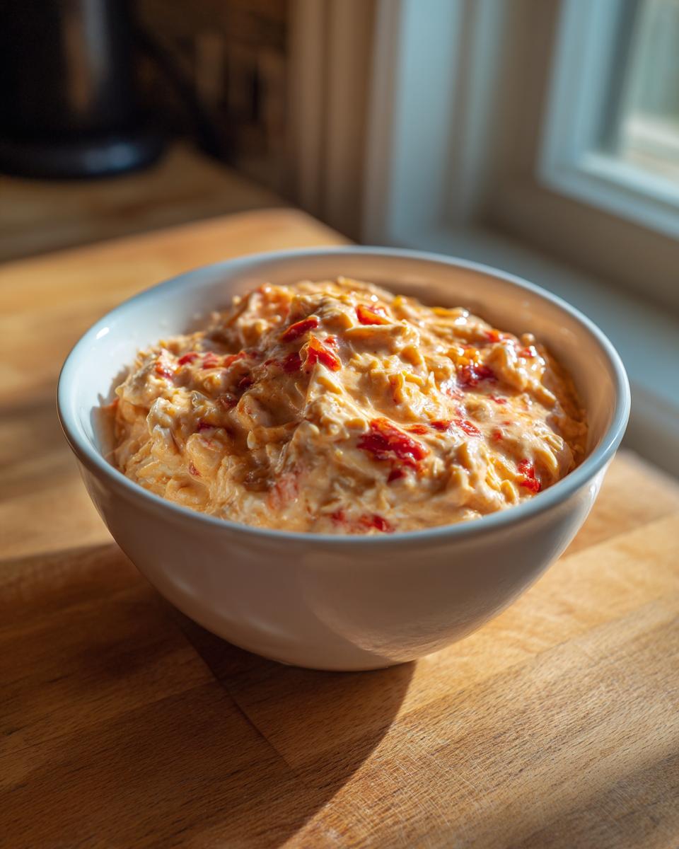 A white bowl filled with creamy Mexican Style Chicken Queso Dip, featuring visible red peppers, sitting on a wooden surface.