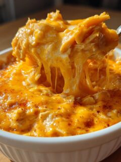 A spoonful of hot, melted Mexican Style Chicken Queso Dip showing a dramatic cheese pull.