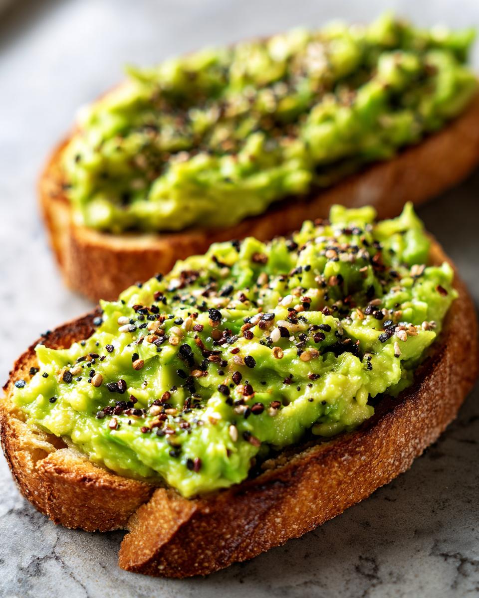 Two slices of toasted bread topped with mashed avocado and everything bagel seasoning for Mind Blowing Avocado Toast.