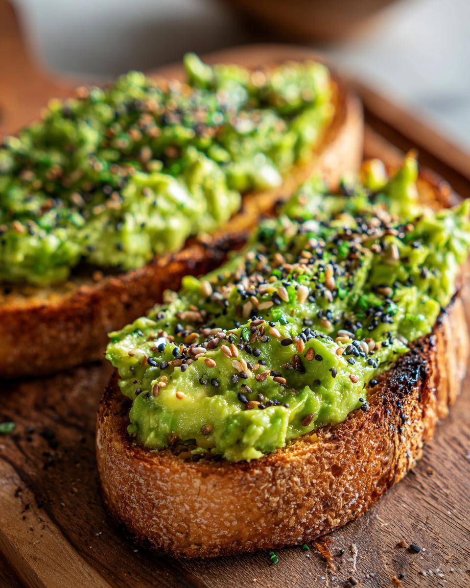 Close-up of Mind Blowing Avocado Toast on toasted sourdough, topped generously with everything bagel seasoning.
