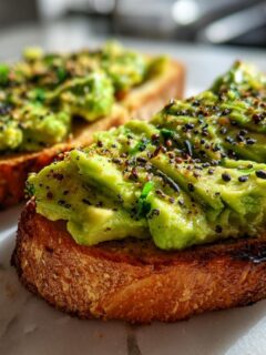 Close-up of two slices of Mind Blowing Avocado Toast on toasted sourdough, topped with chunky avocado mash and black seasoning.