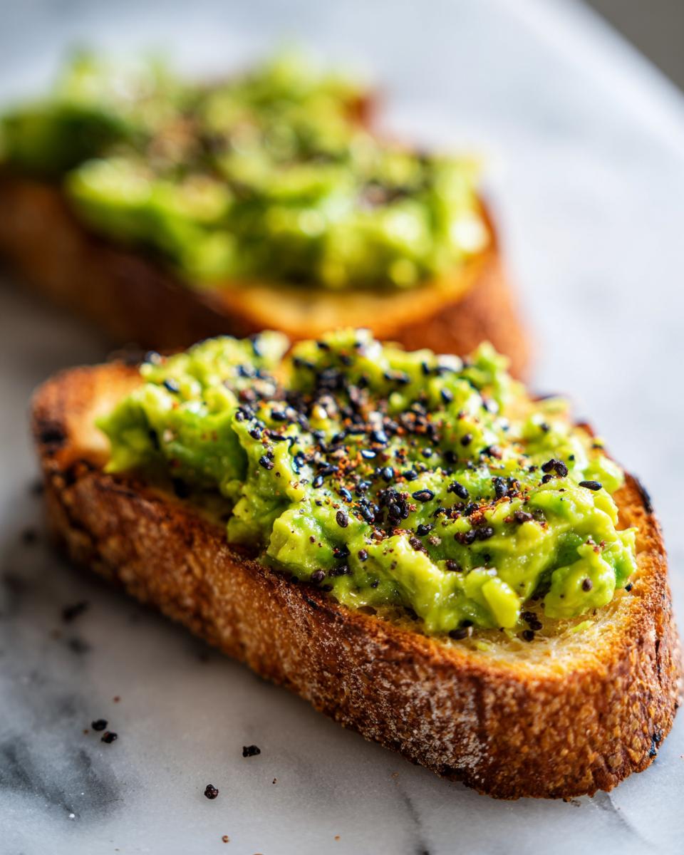 Close-up of a slice of toasted bread topped with mashed avocado for Mind Blowing Avocado Toast, sprinkled with black sesame seeds.