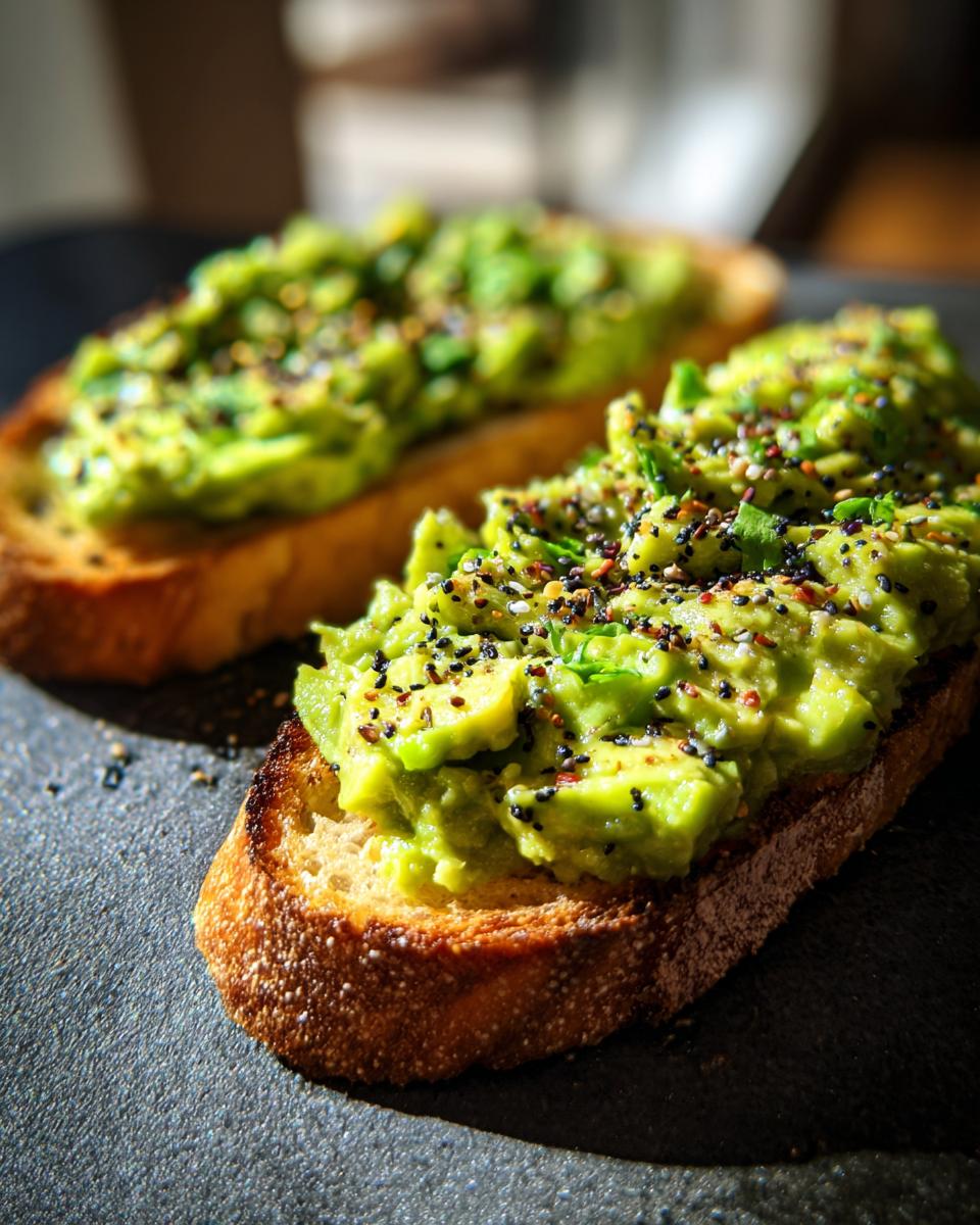 Two slices of Mind Blowing Avocado Toast topped with chunky avocado mash and everything bagel seasoning.