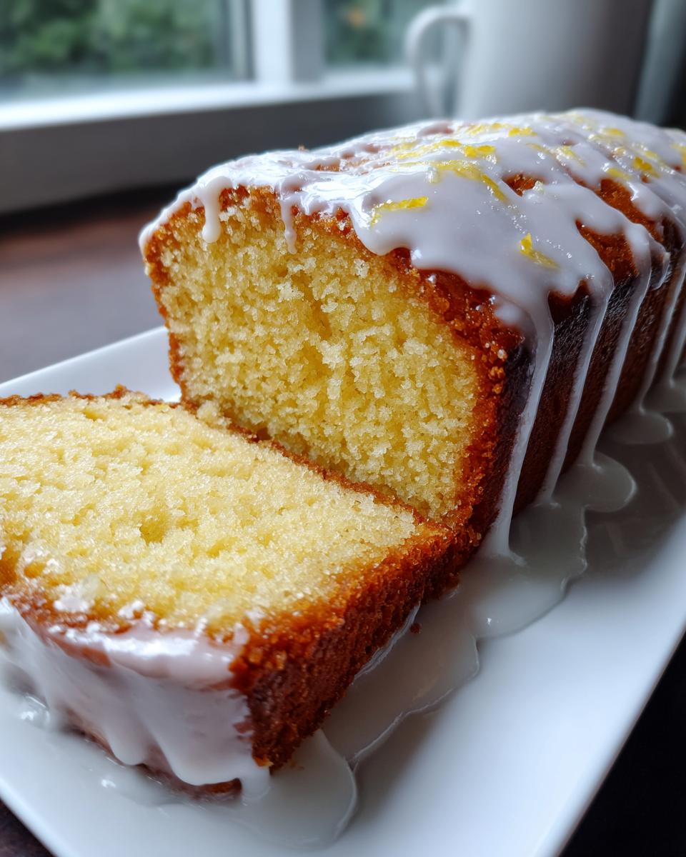 A slice cut from a moist Classic Lemon Pound Cake drizzled with white lemon glaze and zest.