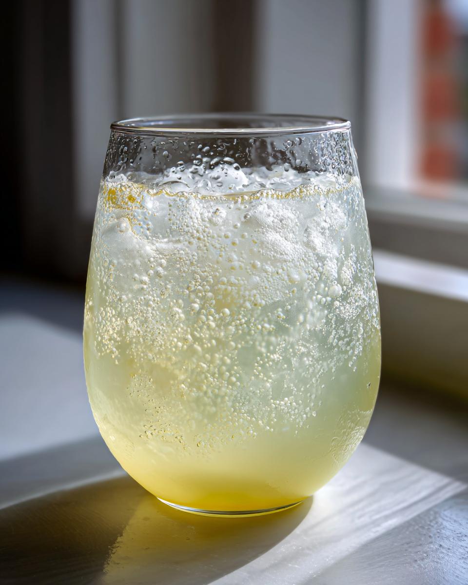 Close-up of a glass filled with fizzy, bubbly Natural Homemade Lemon Ginger Ale and ice cubes.