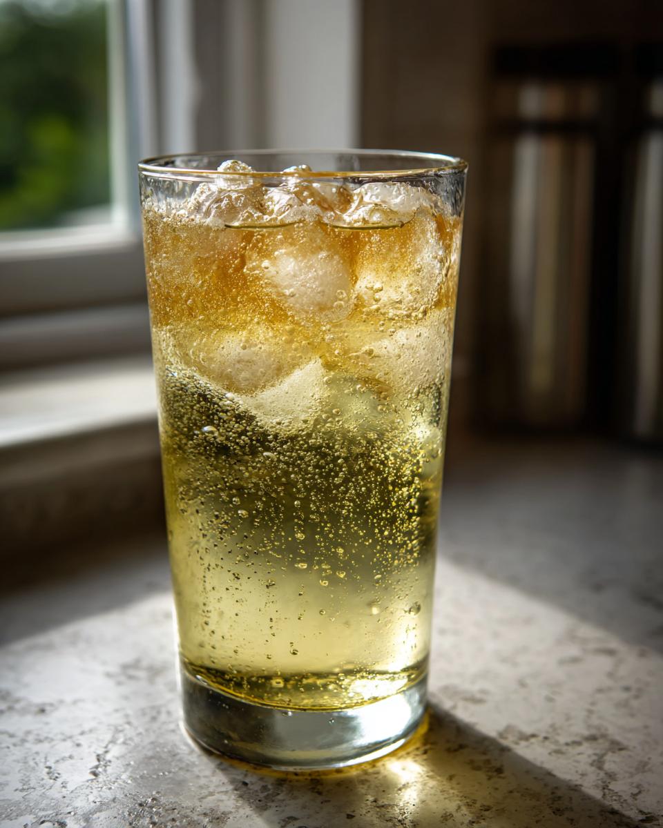 A tall glass filled with bubbly, golden Natural Homemade Lemon Ginger Ale and ice cubes, sitting on a countertop.