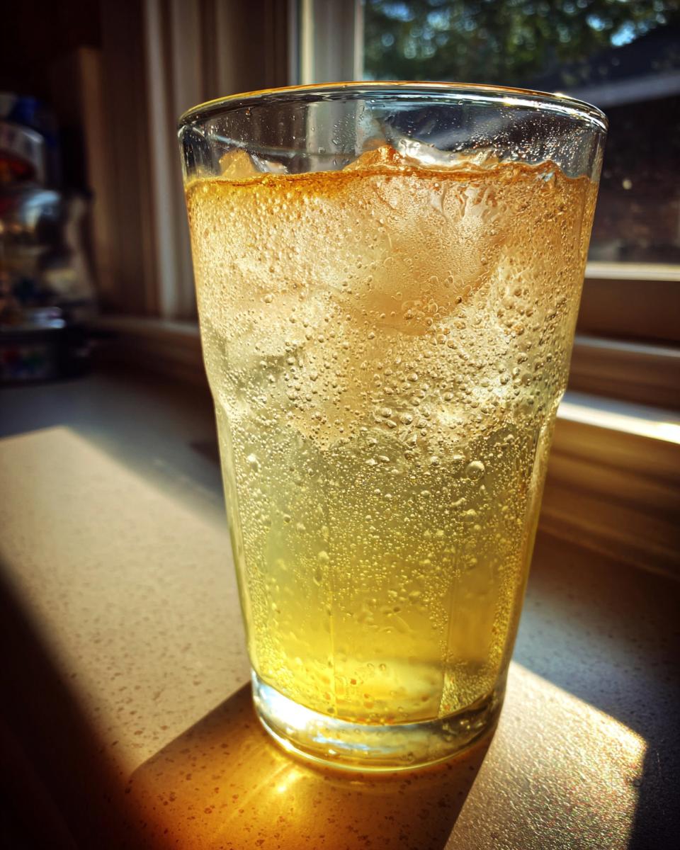 Close-up of a tall glass filled with bubbly Natural Homemade Lemon Ginger Ale and ice cubes, catching sunlight.
