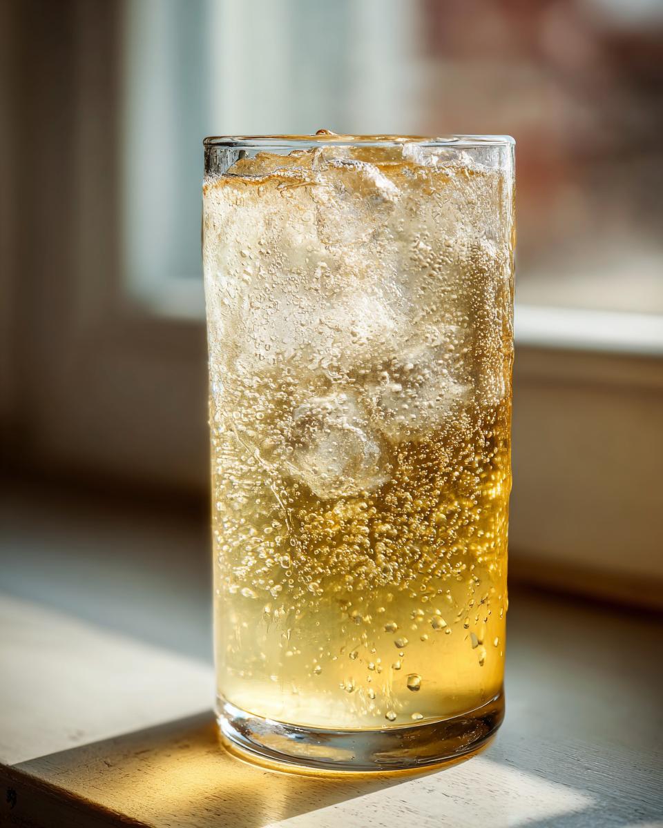 A tall glass filled with bubbly, golden Natural Homemade Lemon Ginger Ale and ice cubes, glistening in sunlight.