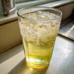 Close-up of a tall glass filled with bubbly Natural Homemade Lemon Ginger Ale and ice cubes, glistening in sunlight.