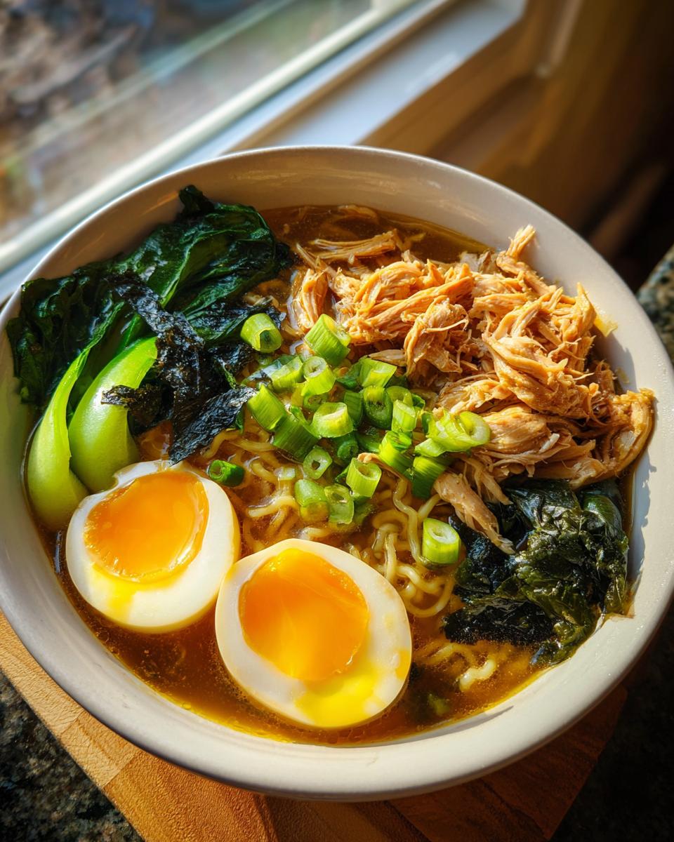 A close-up of a bowl of Nourishing Homemade Chicken Ramen topped with shredded chicken, soft-boiled eggs, bok choy, and scallions.
