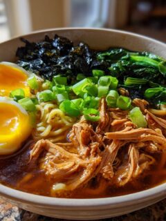 A close-up of a bowl of Nourishing Homemade Chicken Ramen featuring pulled chicken, soft-boiled eggs, and green onions.