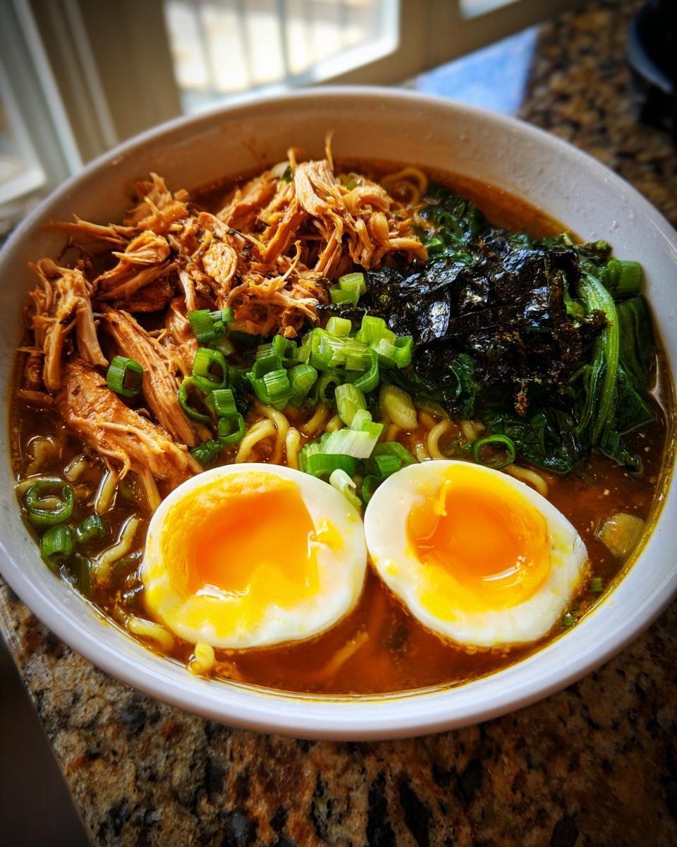 A close-up of a bowl of Nourishing Homemade Chicken Ramen topped with shredded chicken and soft-boiled eggs.