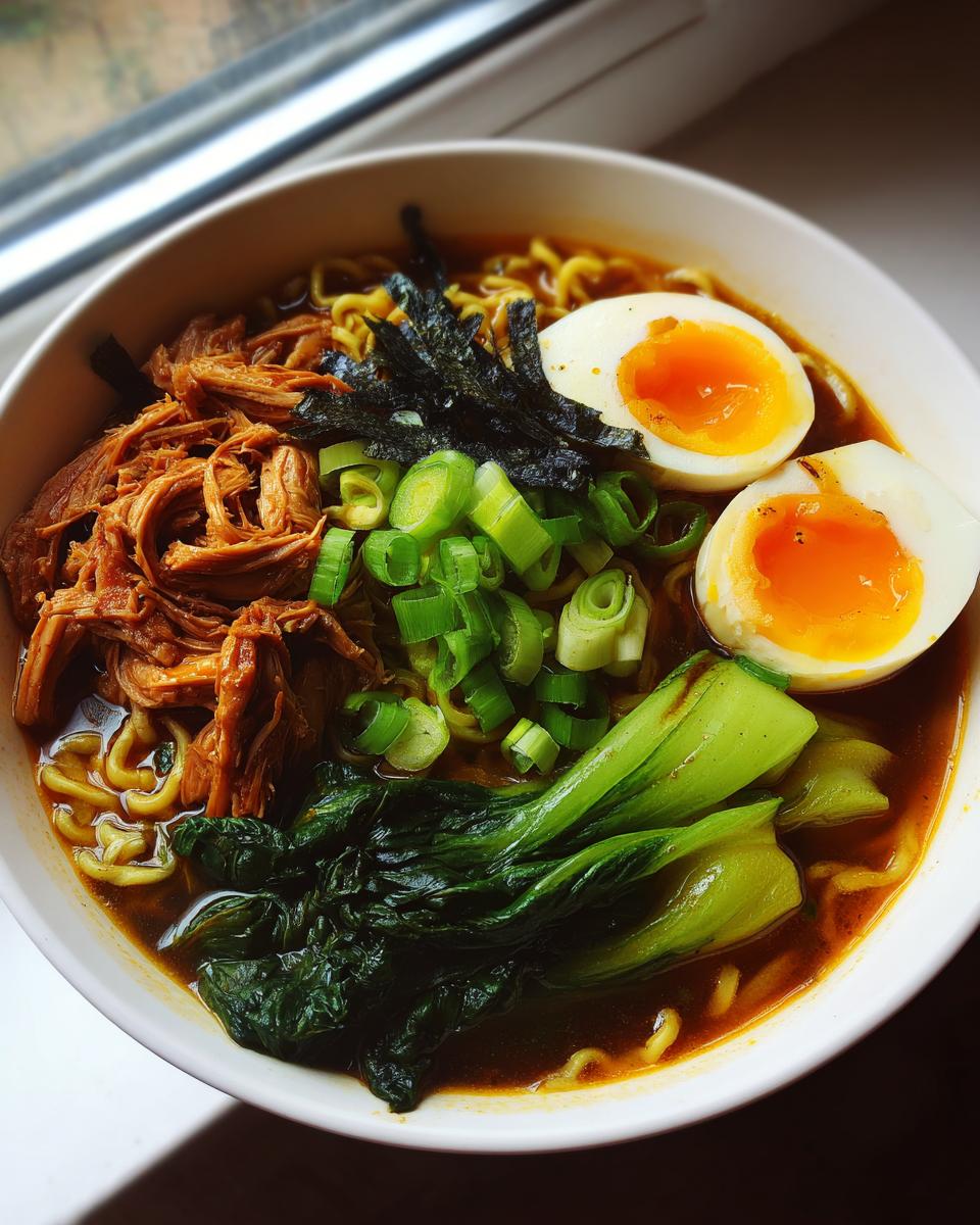 A close-up of a bowl of Nourishing Homemade Chicken Ramen topped with shredded chicken, soft-boiled eggs, bok choy, and scallions.