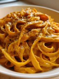 A close-up of rich, orange-colored One Pot Cajun Pumpkin Alfredo Pasta served in a white bowl, topped with cracked pepper.