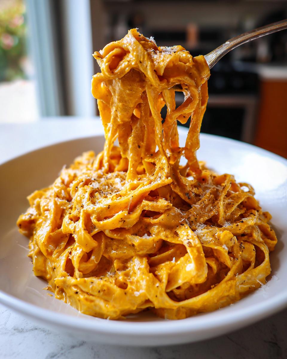 A fork lifting creamy fettuccine coated in orange sauce from a bowl of One Pot Cajun Pumpkin Alfredo Pasta.