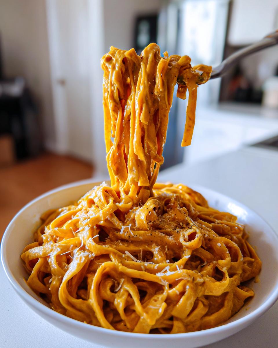 A fork lifting long strands of creamy One Pot Cajun Pumpkin Alfredo Pasta coated in rich orange sauce.