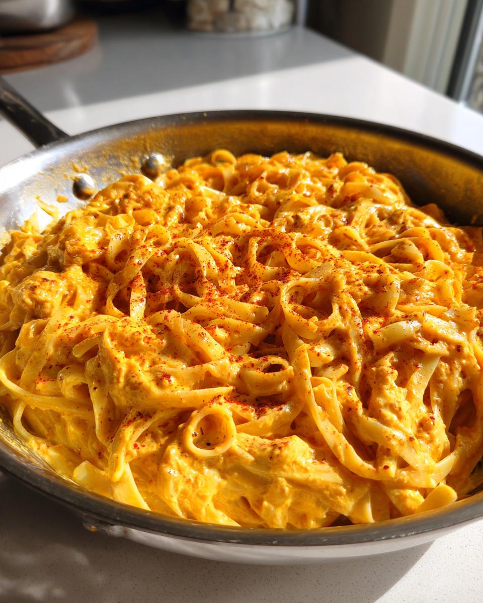 Close-up of creamy One Pot Cajun Pumpkin Alfredo Pasta topped with paprika in a stainless steel skillet.