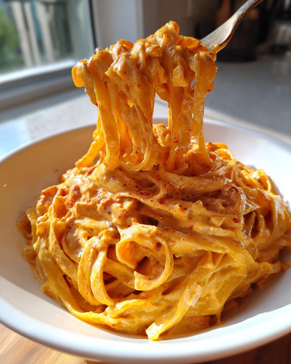 A fork twirls creamy, orange-hued One Pot Cajun Pumpkin Alfredo Pasta strands out of a white bowl.