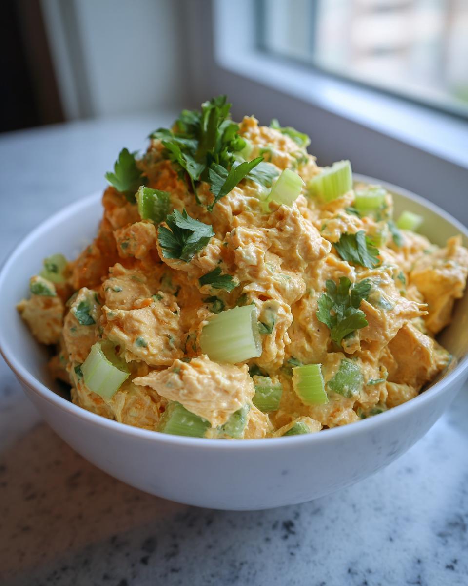 A white bowl filled with vibrant orange Oven Baked Jamaican Jerk Chicken Salad, topped with celery chunks and fresh parsley.