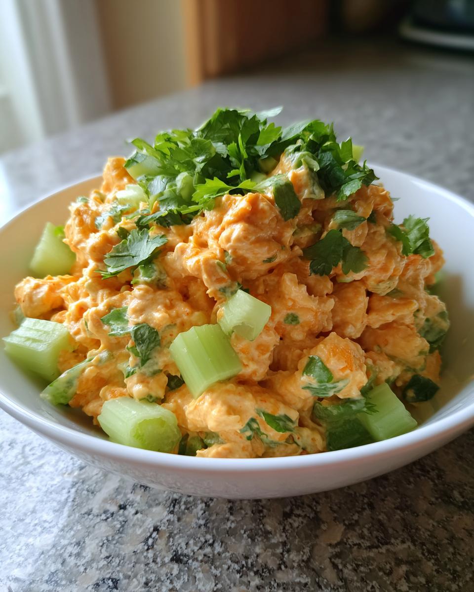 Close-up of Oven Baked Jamaican Jerk Chicken Salad mixed with celery chunks and topped with fresh cilantro.