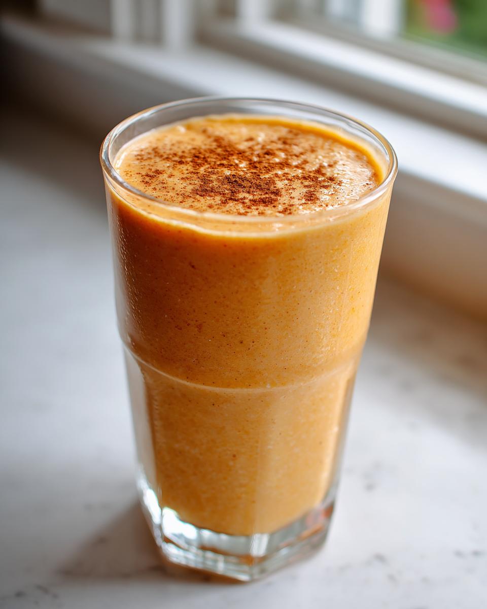 A tall glass filled with a thick, orange Peach Cobbler Smoothie, topped with a sprinkle of cinnamon.