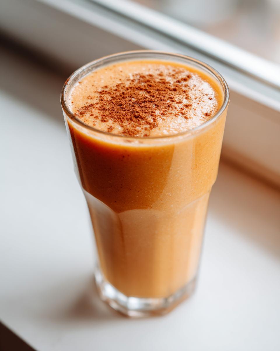 A tall glass filled with a thick, orange Peach Cobbler Smoothie, topped with a sprinkle of cinnamon.